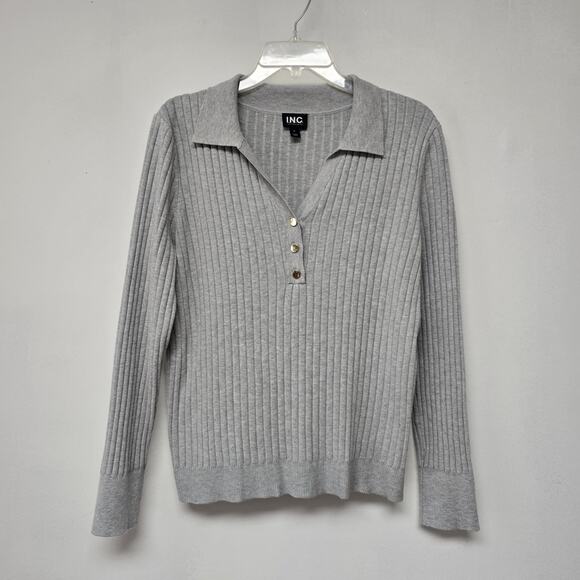 INC International Concepts Polo Top Womens Large Gray Ribbed Long Sleeve Stretch - Picture 1 of 8